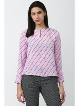 Van Heusen - Women Pink Check Casual Round Neck Top