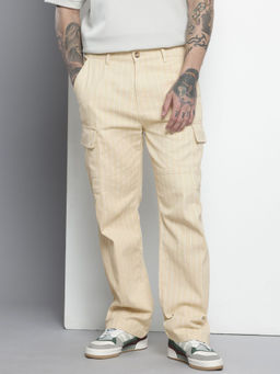 The Indian Garage Co - Cream Men's Relaxed Fit Geometric Print Mid-Rise Stretchable Cargo