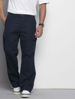 The Indian Garage Co - Navy Blue Men's Relaxed Fit Geometric Print Mid-Rise Stretchable Cargo