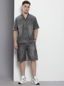 The Indian Garage Co - Grey Men's Boxy Fit Solid Denim Shirt and Shots (Set of 2)