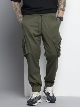 The Indian Garage Co - Olive Men's Relaxed Fit Textured Mid-Rise Knitted Cargo Joggers