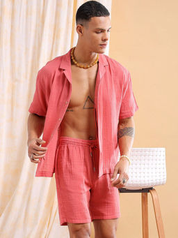 The Indian Garage Co - Pink Men's Regular Fit Solid Shirt and Boxers Co-Ordinates Set (Set of 2)