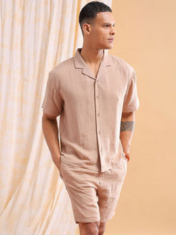 The Indian Garage Co - Beige Men's Regular Fit Solid Shirt and Boxers Co-Ordinates Set (Set of 2)