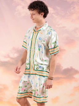 The Indian Garage Co - White Men's Regular Fit Border Printed Shirt and Shorts (Set of 2)