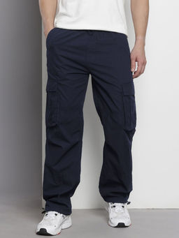 The Indian Garage Co - Navy Blue Men's Relaxed Fit Solid Mid-Rise Elasticated Cargo