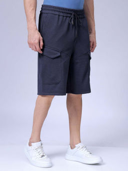 The Indian Garage Co - Navy Blue Men's Relaxed Fit Textured Mid-Rise Cargo Shorts