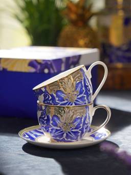 Pure Home + Living - Blue Amalfi Print Tea Cups & Saucers