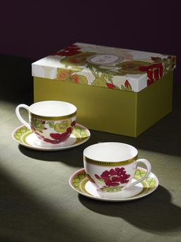 Pure Home + Living - Red & Green Rosebay Print Tea Cups & Saucers