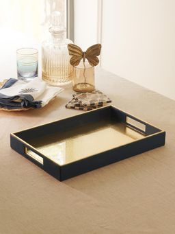 Pure Home + Living - Navy Blue & Gold Hammered Faux Leather Square Tray - Large