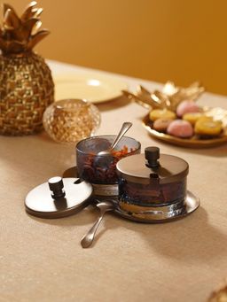 Pure Home + Living - Set of 5 Grey Hammered Condiment Jars with Spoons & Tray - Medium