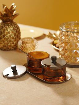 Pure Home + Living - Set of 5 Amber Hammered Condiment Jars with Spoons & Tray - Medium