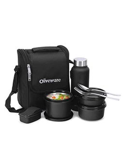 Oliveware - Teso Pro Lunch Box with Bag, Cutlery, Container, Pickle Box, Water Bottle - Black