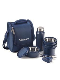 Oliveware - Teso Pro Lunch Box with Bag, Cutlery, Container, Pickle Box, Water Bottle - Blue