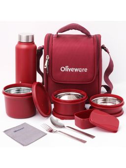 Oliveware - Teso Pro Lunch Box with Bag, Cutlery, Container, Pickle Box, Water Bottle - Maroon