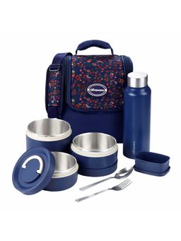 Oliveware - TESO Musk Lunch Box with Bag, 3 Containers + Bottle + Pickle Box + Cutlery - Blue