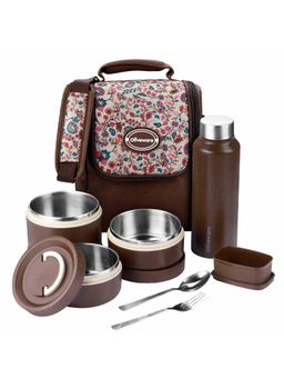 Oliveware - TESO Musk Lunch Box with Bag, 3 Containers + Bottle + Pickle Box + Cutlery - Brown