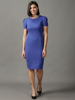 SHOWOFF - Womens Knee Length Bodycon Blue Solid Dress