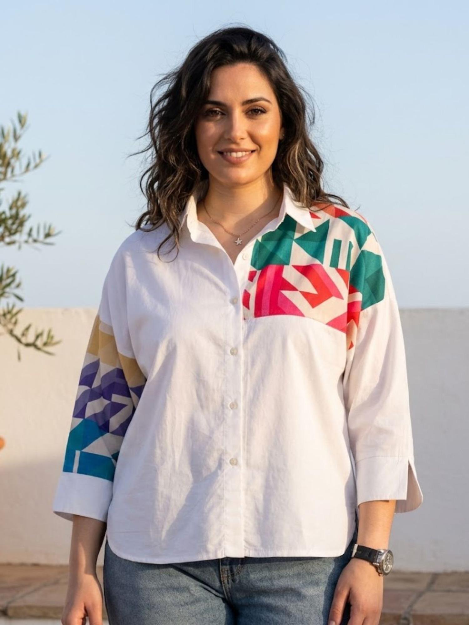 aarein Printed Applique Cotton Shirt White-picture-35