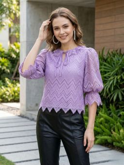 AAREIN - Lavender Tie-Up Neck Puff Sleeves Lace Top