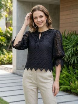 AAREIN - Black Tie-Up Neck Puff Sleeves Lace Top