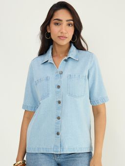 Femmella - Ice Blue Denim Half Sleeves Shirt