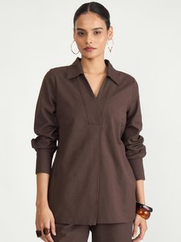 Femmella - Coffee Brown Cotton Linen Pleat Detail Tunic Top