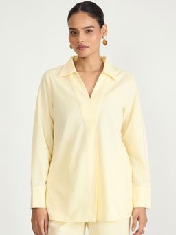Femmella - Butter Yellow Cotton Linen Pleat Detail Tunic Top