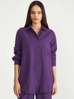Femmella - Deep Purple Cotton Linen Multiple Closure Shirt