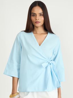 Femmella - Light Blue Cotton Linen Wrap Top
