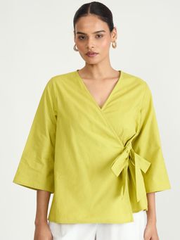 Femmella - Citrine Green Cotton Linen Wrap Top Yellow
