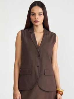 Femmella - Coffee Brown Cotton Linen Blazer Vest