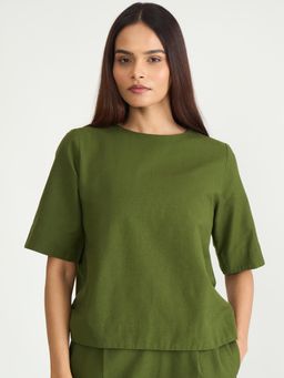 Femmella - Olive Cotton Linen Easy Fit Top