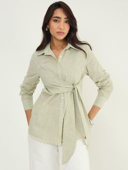 Femmella - Olive Stripe Cotton Linen Tie-Up Detail Shirt