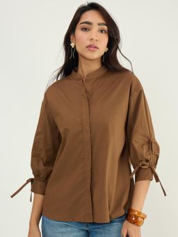 Femmella - Coffee Brown Ruched Sleeves Shirt