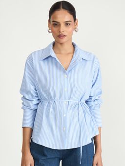 Femmella - Blue Stripe Tie-Up Belt Shirt