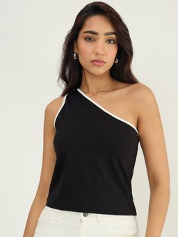 Femmella - Black One Shoulder Contrast Edge Top