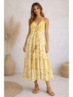 sencei - Floral Printed Backless Dress Yellow