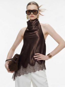 Outzidr - Brown High Neck Satin Top With Lace Hem
