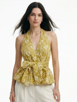 Outzidr - Mustard Halter Neck Waist Bow Textured Top