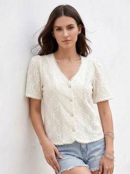 Outzidr - Off White Short Sleeve Lace Detail Front Buttoned Top
