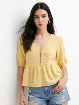 Outzidr - Yellow Relaxed Button Down Peplum Blouson Top