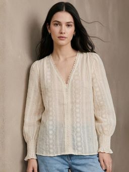 Outzidr - Cream Scallop Lace Neck Inserts Relaxed Blouson Top