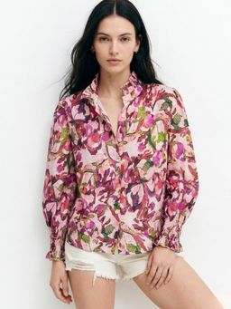 Outzidr - Pink Mandarin Ruffled Neck Printed Blouse