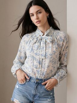 Outzidr - Blue Printed High Neck Top With Tie Up Detail