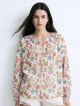 Outzidr - Multi Mandarin Neck Relaxed Printed Top Multi-Color