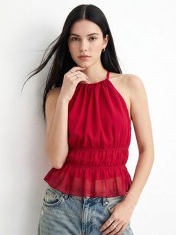 Outzidr - Red Halter Neck Back Tie-Up Top