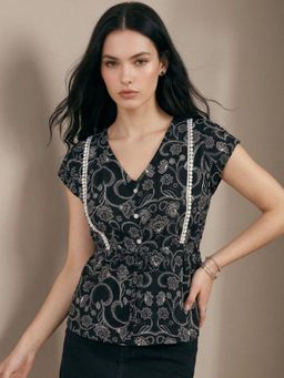 Outzidr - Black Floral Print Top