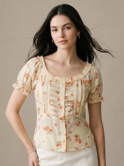 Outzidr - Butter Yellow Printed Square Neck Pleated Puff Top