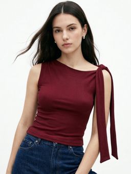Outzidr - Maroon One Shoulder Tie Up Fitted Top