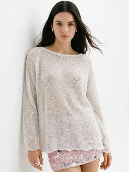 Outzidr - White Sequined Sheer Relaxed Top